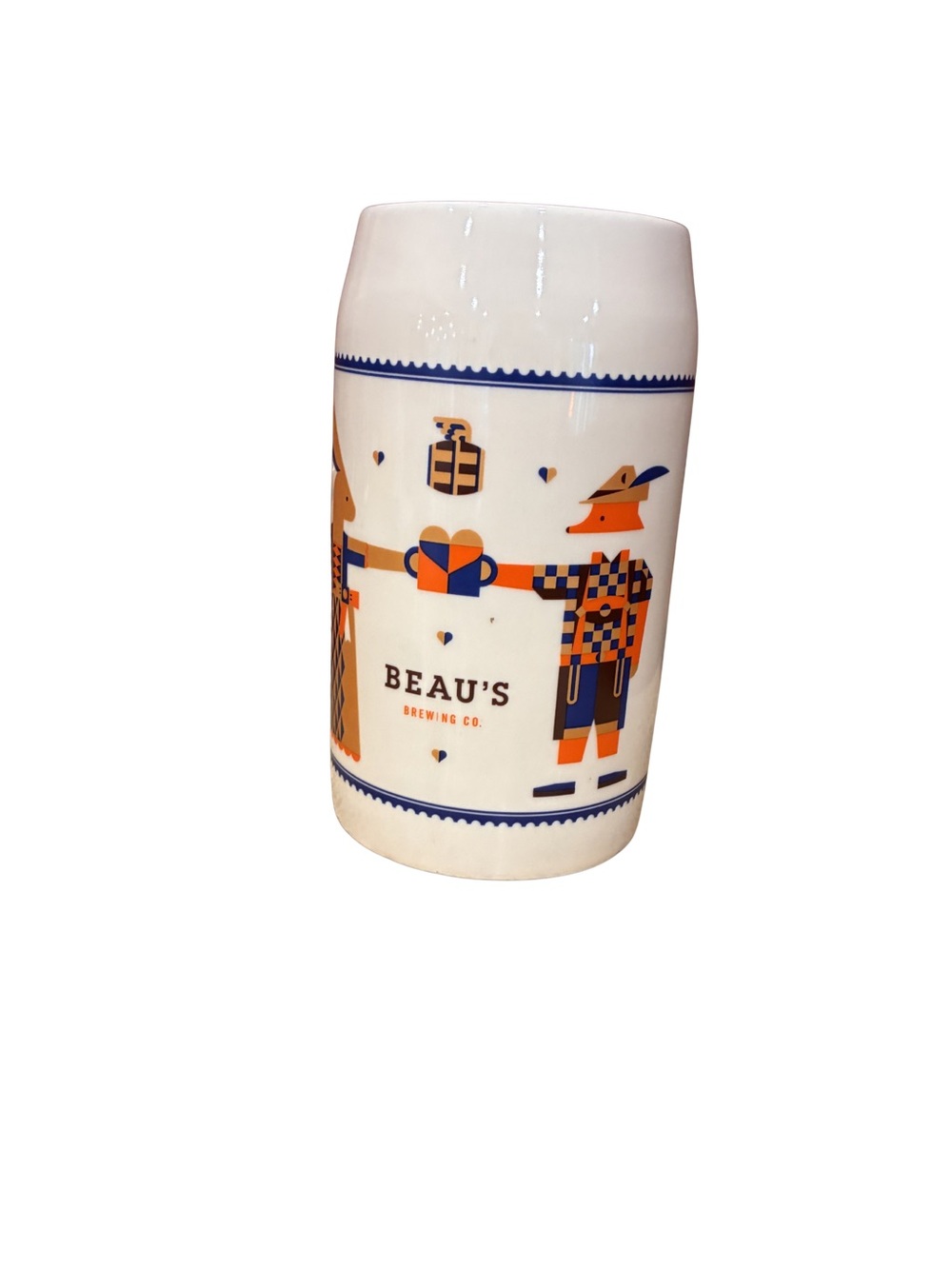 Beau's Brewing Co. Ceramic Stein Mug - White with Blue & Orange Graphics